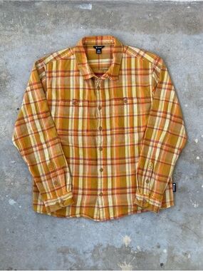 Cotopaxi Mero Organic Flannel Shirt Mens XL Plaid Yellow Orange Amber Button Up